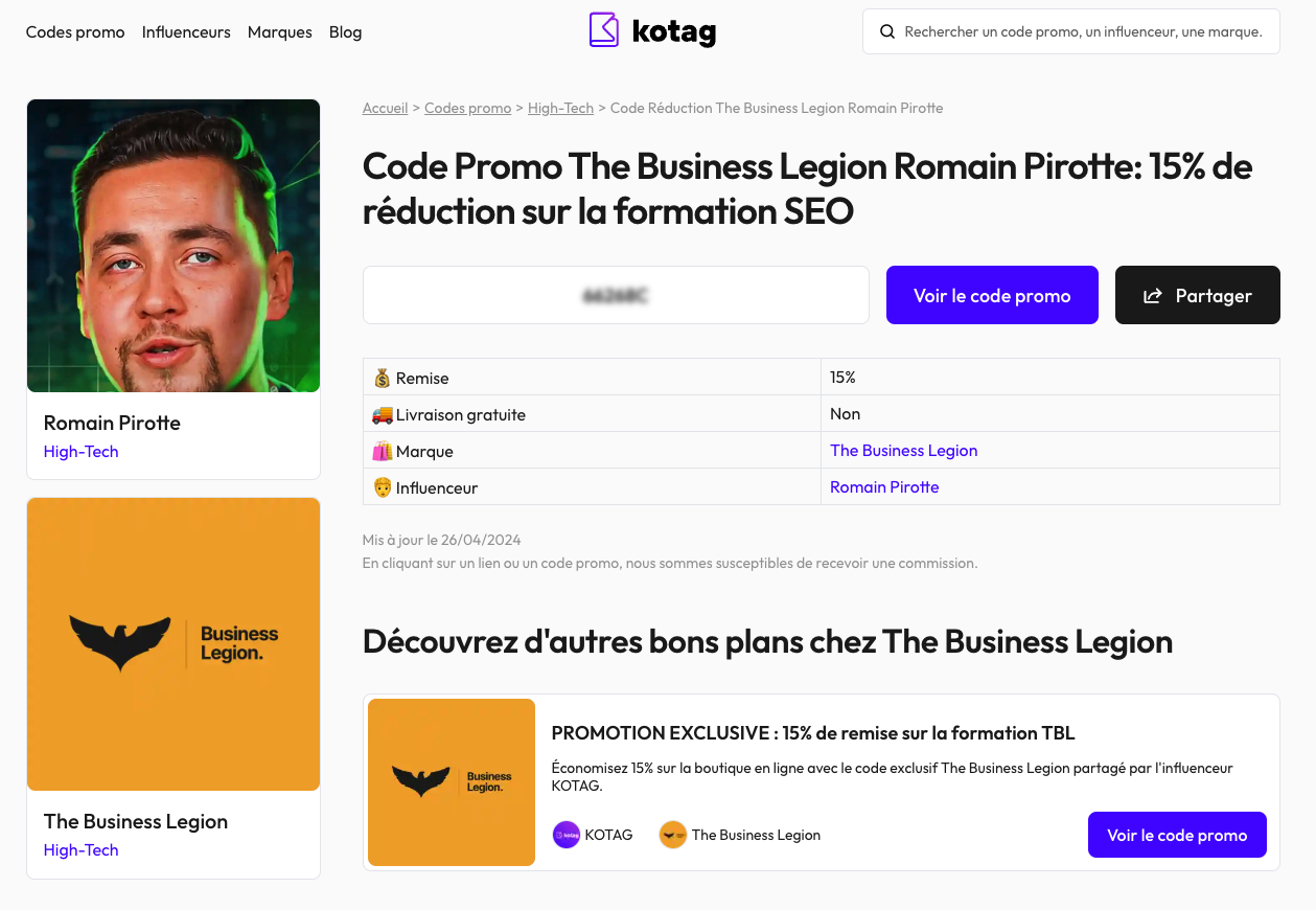 Page du code promo The Business Legion